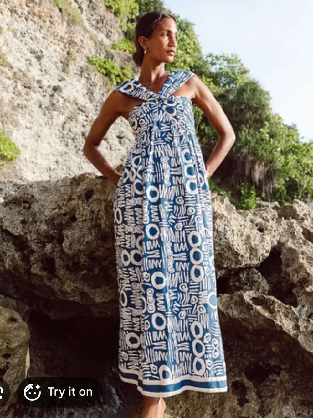 Cleobella Navy & Light Pink Geometric/Batik Printed Maxi Dress, Size XS, EUC